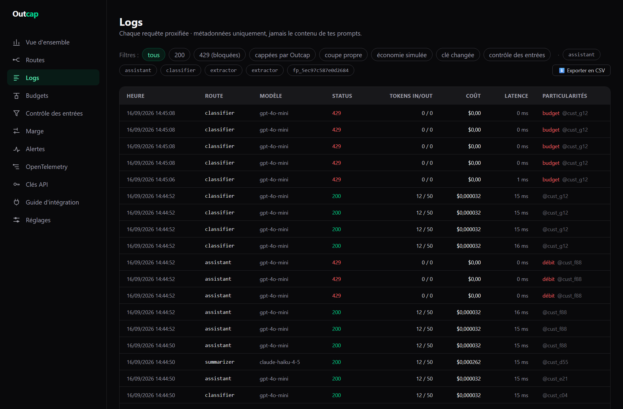 Logs page: one row per request with time, route, model, status, tokens, cost, latency and what was particular about the request.